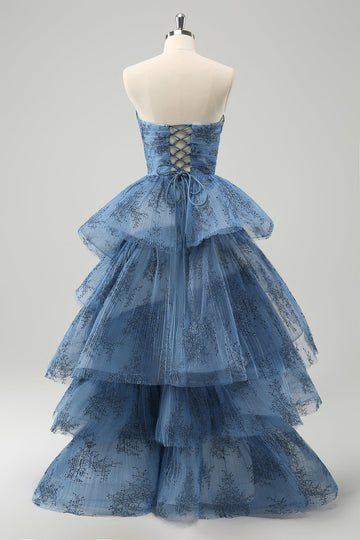 Vestido de fiesta largo largo con bordado de línea A gris azul sin tirantes